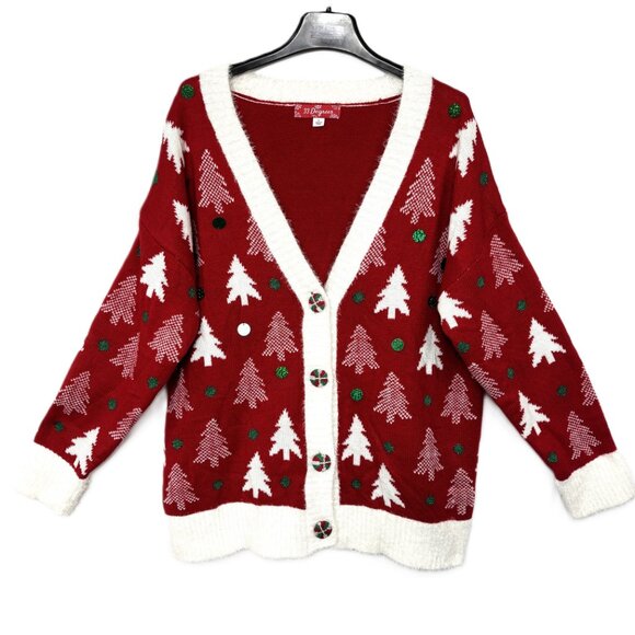 33 Degrees Cardigan Ugly Christmas Sweater w/ Christmas trees & spangles Large - Picture 1 of 16